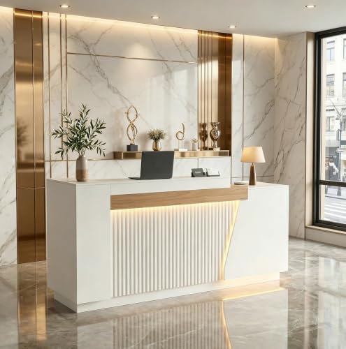 63" Modern Front Desk Reception Counter,Commercial Reception Room Tables with Built-in Outlets,Combination Lock Drawers, LED Lights for Office Beauty Salon Retail Store,White - color: Left-white, size: 63''L x 26''W x 41.34''H