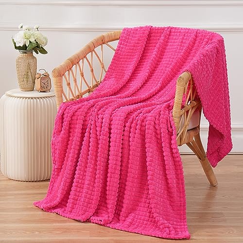 Puncuntex Fleece Throw Blanket Hot Pink 60"×80" with Square Grid Design | Super Soft Plush Cozy Flannel Throw Blanket Luxury for Couch Sofa Chair - color: Hot Pink, size: 60"×80"