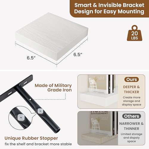 fuqing Floating Shelves for Wall, Wall Mounted Wood Floating Shelf with Invisible Brackets for Living Room, Bathroom, Bedroom, Kitchen Storage and Decor,6.5 Inch Set of 3, White - color: White, size: 6.5"W x 6.5"D , 3 Pack