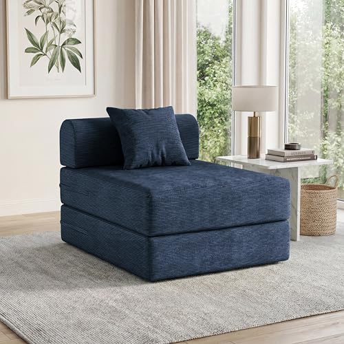 31.5'' Convertible Compressed Corduroy Folding Sofa Bed, Modern Boneless Pull Out Sleeper Sofa Couch in a Box, 3 in 1 Portable Lazy Floor Lounge Chair, No Assembly Needed, Navy Blue, Pillow, Single - color: Navy Blue, size: 31.5''