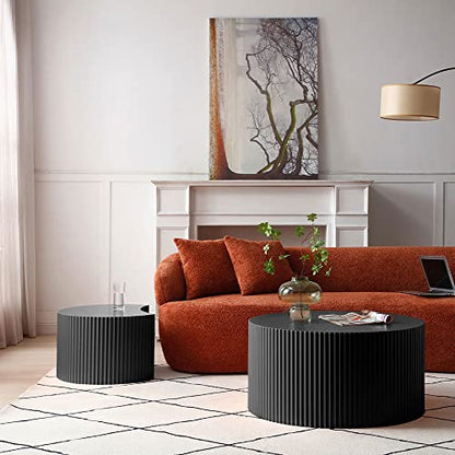 Nesting Coffee Table Set of 2, Modern Round Coffee Table End Table Set for Living Room, Wood Circle Drum Side Table,Black - color: Black