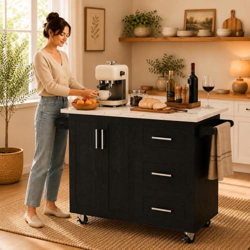 43" Kitchen Island on Wheels, Rolling Kitchen Island with Storage, Black | Modern Design, with Drop Leaf, 3 Storage Drawers, Spice Rack & Towel Rack, Faux Marble Tabletop, for Kitchen Dining Room - style: Black
