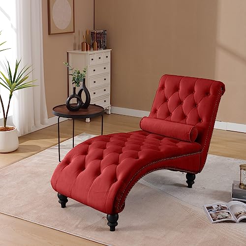 Button-Tufted Velvet Chaise Lounge Chair with Wood Legs & Toss Pillow, Armless Rolled Backrest Leisure Sofa Recliner for Living Room Bedroom Office, Contemporary Style (Red) - color: Red Velvet