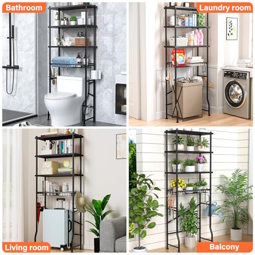 4-Tier Over-The-Toilet Storage Rack, Bathroom Organizer Shelf Over Toilet With Shelf Waterproof Feet Pad And Basket, Multifunctional Space Saver Bathroom Shelves Above Toilet for Room (Black) - color: Black