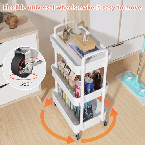 Calmootey 3-Tier Rolling Utility Cart with Drawer,Multifunctional Storage Organizer with Plastic Shelf & Metal Wheels,Storage Cart for Kitchen,Bathroom,Living Room,Office,White | Space-Saving Organizer, Sturdy Plastic Shelves, Smooth-Rolling Metal Wheels,