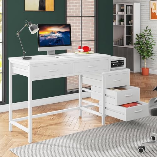 Tribesigns Computer Desk with 5 Drawers, Reversible Home Office Desks | Small Desk with Drawer Cabinet Printer Stand, PC Desk with Storage, White Study Writing Table Workstation for Small Spaces - color: White