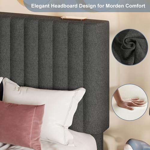 Einhomn Twin Size Bed Frame with Headboard, Upholstered Linen Platform Bedframe with Solid Wooden Slats, Noise-Free, No Box Spring Needed, Easy Assembly, Dark Grey - color: Dark Grey, size: Twin