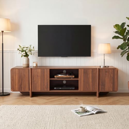 70'' Fluted Wood TV Stand with Storage Fits Up to 80 Inch TV | Mid-Century Modern Media Console with Open Shelves & Cable Holes Low TV Entertainment Center for Living Room Bedroom (Walnut)