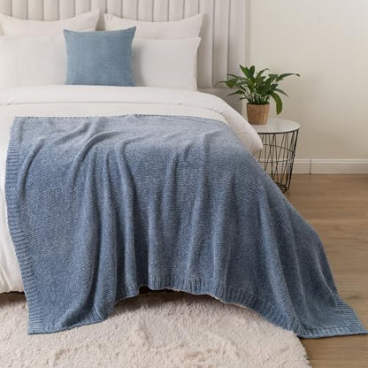 BATTILO HOME Blue Grey Chenille Throw Blanket for Couch, 51"x67" | Shiny Chenille Blanket, Blue Knit throw Blanket, Soft & Breathable, Summer Throw for Couch, Bed & Sofa - color: Bluish Grey