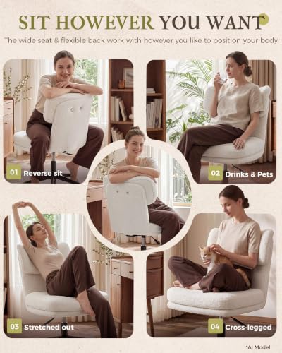 COMHOMA Vanity Chair with Ergonomic Curved Backrest, Home Office Desk Chair with Silent Wheel, Wide Seating Computer Chair for Girls Women Bedroom, Soft Teddy Fabric, White - color: White, Teddy Fleece