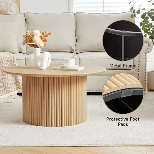 31.5" Round Coffee Table, Modern Fluted Accent Center Table with Metal Frame, Wooden Circle Coffee Tables for Living Room Small Space or Office (Natural) - color: Natural 31.5" Round