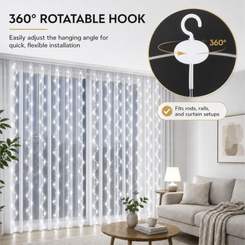 ZSJWL 300 LED Curtain Fairy Lights with Remote, 9.8 × 9.8 Ft, USB Plug in | 8 Modes, Waterproof, Twinkle Silver Wire, String Lights for Bedroom, Windows, Christmas, Wedding and Party Decor, White - color: White, size: 300LED