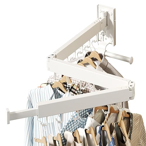 HEILAIYI Wall Mounted Clothes Hanger,Clothes Drying Rack,Laundry Drying Rack,Clothes Rack Wall Mount,Drying Rack Clothing,Retractable,Collapsible,can Fold Upward & Left & Right (Upgrade-White) - size: Upgrade-White / J Shape Hooks