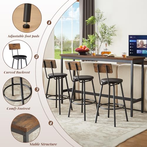 63” Long Bar Table Set for 3, Counter Height Industrial Pub Table with 3 PU Upholstered Bar Stools, Space-Saving Kitchen Breakfast Table and Chairs for Small Spaces, Rustic Brown and Black - color: Rustic Brown, style: Long bar table with stools/bar table