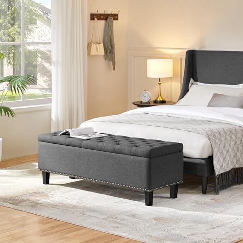 Yaheetech 49in Square Storage Ottoman Coffee Table with Nailhead, Dark Gray | Button-Tufted Linen-Look Fabric Bench, 3.5C Storage Space, Wood Legs, Metal Hinges, for Bedroom Foot of Bed Living Room - size: 17.5"D x 49"W x 18"H