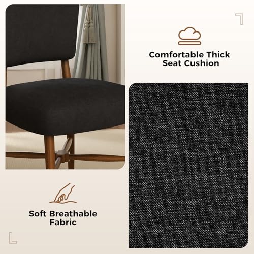 Farmhouse Dining Chairs Set of 2, Linen Seat, Wood Legs, Black | Mid Century Modern, Upholstered Padded Cushion, Solid Wood Cross-Brace, Easy 15-Min Assembly, Kitchen Dining Room - color: Black, size: Set of 2