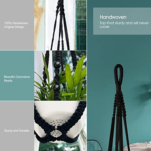 RIFNY Macrame Plant Hanger for 5 to 10 Inch Plant Pots, 35 Inch Woven Rope Hanger Kits with Hooks and Wood Beads, Hanging Planter Basket for Indoor Boho Home Decor (Black, 2 Pack) | 35 Inch Hanging Planter with Hooks, Fits 5-10" Pots, Suitable for Ceiling