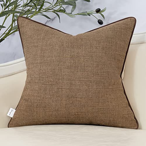 Patchwork Pillow Cover 18x18 Inch Luxury Cotton and Linen Cushion Cover Faux Leather Pillowcover for Couch Bedroom Living Room, Brown - color: L-coffee Brown, size: 18" x 18" (Pack of 1)