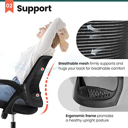 NEO CHAIR Office Desk Chair, Ergonomic Mesh with Flip-Up Armrests, Black | Lumbar Support, Height Adjustment, 360° Swivel and Rolling Base, Space-Saving Design for Home Office, Vanity or Study - color: Black