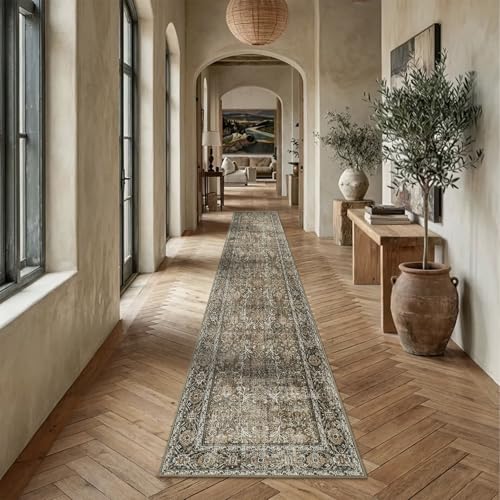 Brown Runner Rug 2x14 Vintage Traditional Distressed | Washable, Non Slip, Soft Low Pile, Extra Long Hallway Carpet for Kitchen, Entryway, Laundry Room, Farmhouse Decor - color: Accent Brown, size: 2' x 14' (Runner)