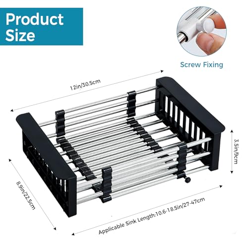 COVRA Over Sink Dish Drying Rack, Stainless Steel Drainer for 10.6"-18.5" Sinks (Square Sinks ONLY), Kitchen Countertop Organizer for Dishes, Vegetables, and Fruits (Black) - color: Black