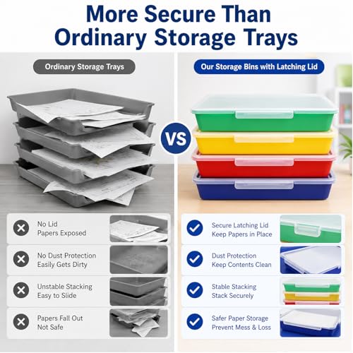 Flat Storage Bins with Lids, Letter Size Paper Storage Bins Set of 4, Stackable Classroom Turn In Bins with Secure Latching Lid, Plastic Storage Organizer for Teachers, Office & Home
