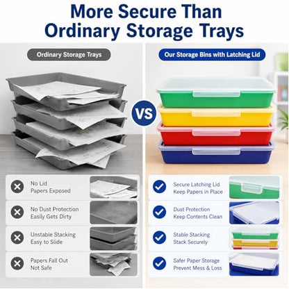 Flat Storage Bins with Lids, Letter Size Paper Storage Bins Set of 4, Stackable Classroom Turn In Bins with Secure Latching Lid, Plastic Storage Organizer for Teachers, Office & Home