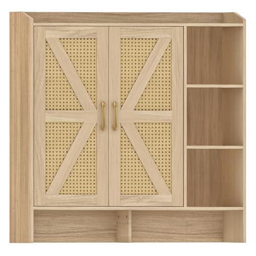 HOOBRO Shoe Cabinet for Entryway, Rattan Shoe Storage Cabinet with Doors, 4-Tier Freestanding Shoe Organizer with Side Cabinet, Large Capacity Wooden Shoe Cabinet, Natural NL95SC01