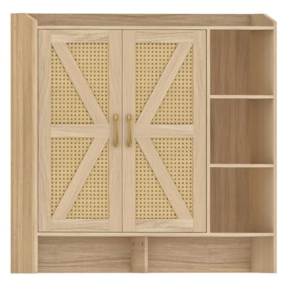 HOOBRO Shoe Cabinet for Entryway, Rattan Shoe Storage Cabinet with Doors, 4-Tier Freestanding Shoe Organizer with Side Cabinet, Large Capacity Wooden Shoe Cabinet, Natural NL95SC01