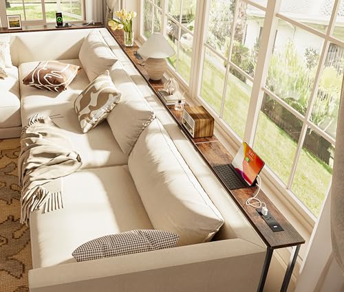 Huuger 126 Inch Sofa Table with Power Outlets, Skinny Behind Couch Table | 5.9 Inch Narrow Entryway Table, Extra-Long Console Table, Behind the Couch Table with Outlet for Living Room, Rustic Brown - color: Rustic Brown, size: 5.9"D × 126"W × 29.7"H