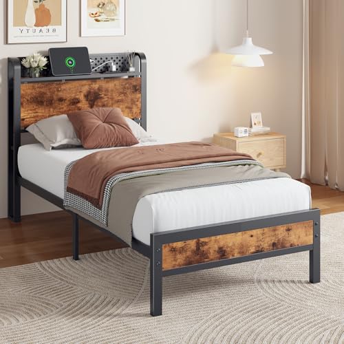 Twin Bed Frame with Headboard,Charging Station and LED Lights | Metal Platform Bed with Charging Station and LED Lights, Noise Free, Easy Assembly,No Box Spring Needed, Brown - size: Twin