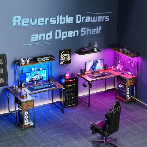 L Shaped Gaming Desk with Shelves, Corner Computer Table with LED Lights, Power Outlets and USB-C Ports, 42 Inch Reversible Home Office Desk with Storage Drawer, Work and Study, Rustic Brown