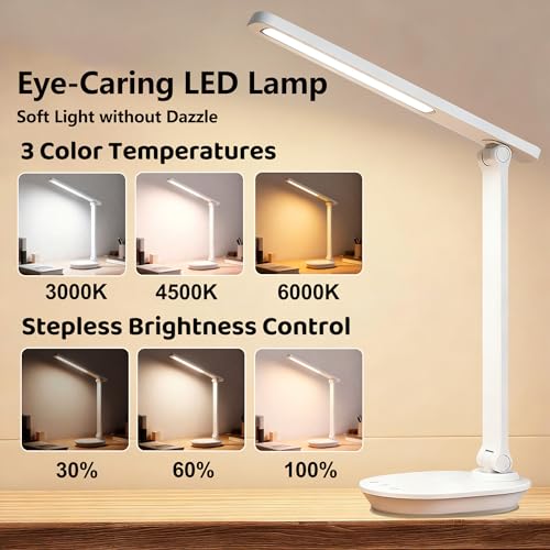 LED Desk Lamp, Touch Desk Lamp with USB Charging Port, 10 Minutes Timer, 3 Color Modes Stepless Brightness, Foldable Portable Dorm Desk Lamps for Home Office Reading Study Bedroom (White)