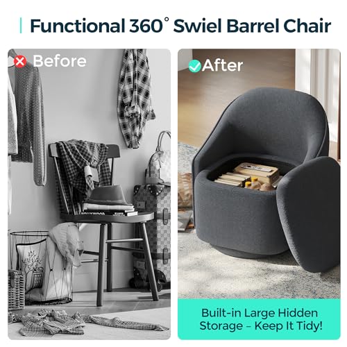 LINSY Swivel Accent Chair with Storage Comfy Chenille Barrel Chairs, Small 360 Swivel Modern Armchair for Living Room Bedroom, Boucle Reading Chair for Study Room (Grey) - color: Grey