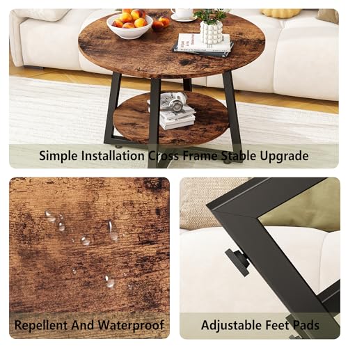 Round Coffee Table with Storage,Metal Small Coffee Table,Brown | 2-Tier Circle Small Coffee Table for Living Room, Metal Frame/Wood Look,Modern Sofa Table Center for Home Office - color: Brown