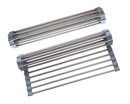Roll Up Dish Drying Rack, Stainless Steel and Silicone Dish Drying Mat Over The Sink Foldable Drain Rack Multipurpose Dish Drainer for Kitchen, 14.5” x 14”, Gray - color: Gray