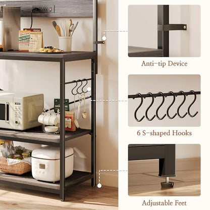 SUPERJARE Bakers Rack with Power Outlets, Microwave Stand, 31.5 X 16.5 Inch Larger Desktop, Kitchen Storage Rack with Adjustable Middle Shelf, 6 S-Shaped Hooks, Coffee Bar Stand, Grey - color: Charcoal Gray, size: 31.5 inch