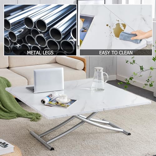 Liftable Folding Dining Table for 4, Adjustable Drop Leaf Table, Folding Coffee Table for Small Spaces, Scratch-Resistant Wood Top with Metal Frame for Apartment Kitchen Living Room - color: White-silver