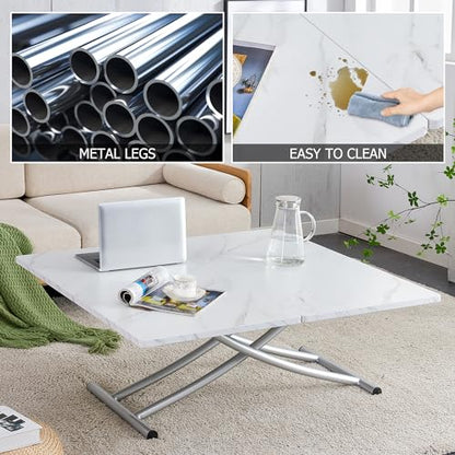 Liftable Folding Dining Table for 4, Adjustable Drop Leaf Table, Folding Coffee Table for Small Spaces, Scratch-Resistant Wood Top with Metal Frame for Apartment Kitchen Living Room - color: White-silver