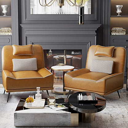35" Accent Chair with Ottoman, Wide PU Leather Chair and Ottoman | Oversized Upholstered Armless Chair Mid Century Modern Side Chair with Ottoman For Living Room Bedroom Lounge Chair Brown - color: Brown