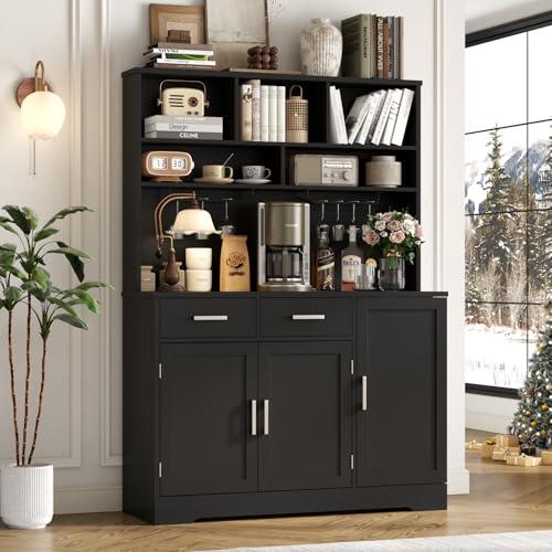 Tall Pantry Cabinet with Darwers, Modern Kitchen Hutch with Microwave Stand | Kitchen Pantry Storage Cabinet with Door Shelf, Food Pantry with Goblet Holders & Adjustable Shelves for Dining Room, Black - color: Black-goblet Holders