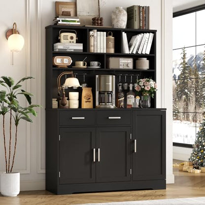 Tall Pantry Cabinet with Darwers, Modern Kitchen Hutch with Microwave Stand | Kitchen Pantry Storage Cabinet with Door Shelf, Food Pantry with Goblet Holders & Adjustable Shelves for Dining Room, Black - color: Black-goblet Holders