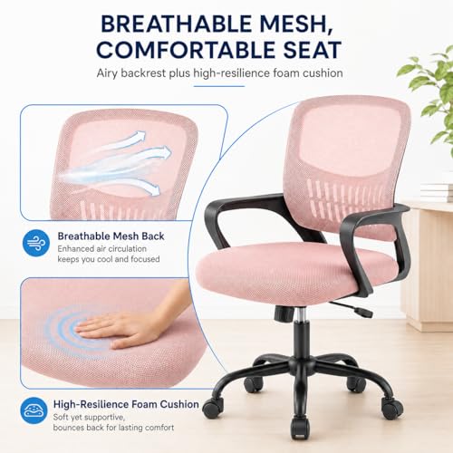Ergonomic Office Chair, Home Office Desk Chair, Game Chair with Lumbar Support, Breathable Mesh Chairs, Swivel Desk Chairs for Computer, Home, Office, 360° Swivel (Pink) - color: Pink With Fixed Armrest