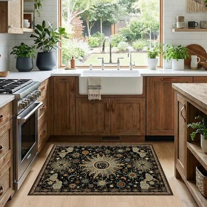 Vacuum-Friendly, 2x3 Washable Area Rug, Black Green Beige | Sun and Moon Boho Gothic Non-Slip Low Pile Living Roon Bedroom Dining Room Kitchen Entry Entryway Entrance Hallway Doormat - color: Black/Green/Beige, size: 2' x 3' (Rectangular)