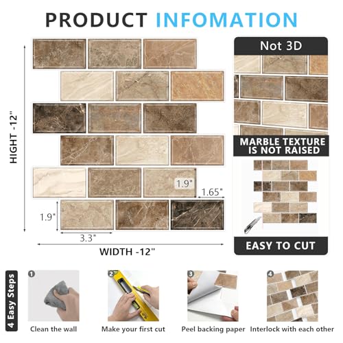 URCOLOR 10-Sheet Stick on Backsplash for Kitchen,12"x12" Peel and Stick Self Adhesive Wall Tiles Back Splashes for Bathroom Brown Marble Look - color: Brown Marble