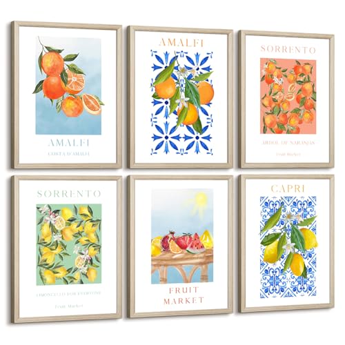 Fruit Wall Art Kitchen Artwork Wall Decor Fruit Market Prints Poster Colorful Lemon Canvas Wall Art Vintage Pictures Lemon Orange Prints Set of 6 for Room Bedroom 12x16 Inch Wood Framed - color: Fruit Prints, size: 12x16 Inch Framed