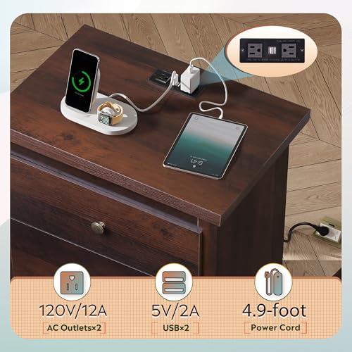 WLIVE Tall Nightstand with Charging Station, Wood Night Stand with 3 Drawers Storage, Bedside Table End Side Tables with 2 USB Ports and Outlets for Bedroom, Closet, Espresso | 3 Drawers Storage, Power Outlets(2AC+2USB), Easy Assembly, Premium Eco-friendl