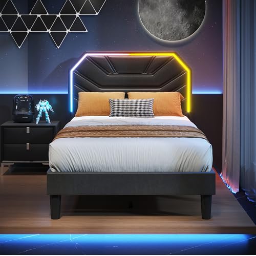 LIKIMIO Upholstered Twin XL Bed Frames with LED Light Headboard | Modern Cama Twin XL Platform Bed Frame with Heavy Duty Supports, No Box Spring Need, Noise Free, Easy Assembly, Black - color: Black, size: Twin XL