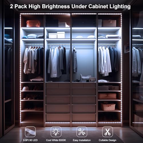2 Pack Battery Powered LED Strip Lights 9.8Ft for Kitchen (Cool White) | 90 LED High Brightness LED Strip Lights, Cuttable Under Counter Click Light Wireless for Bedroom Cabinet Closet Shelves - color: Cool White