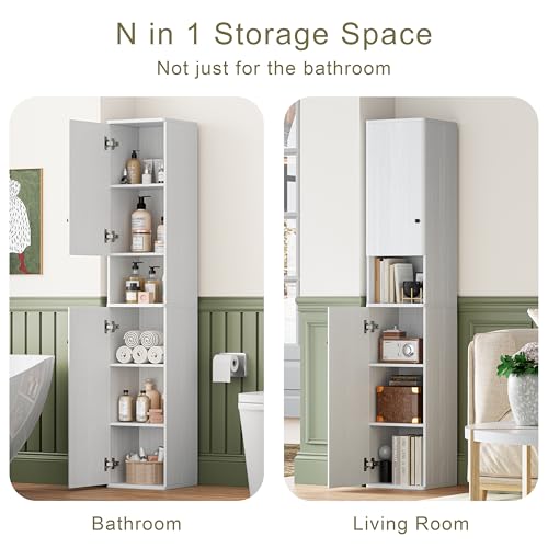 64" Narrow Bathroom Storage Cabinet with Adjustable Shelves and Drawer | 6-Tier Tall Slim Storage Cabinet,Anti-Tip Kit Included,Freestanding Cupboard for Small Spaces, Hallway,White